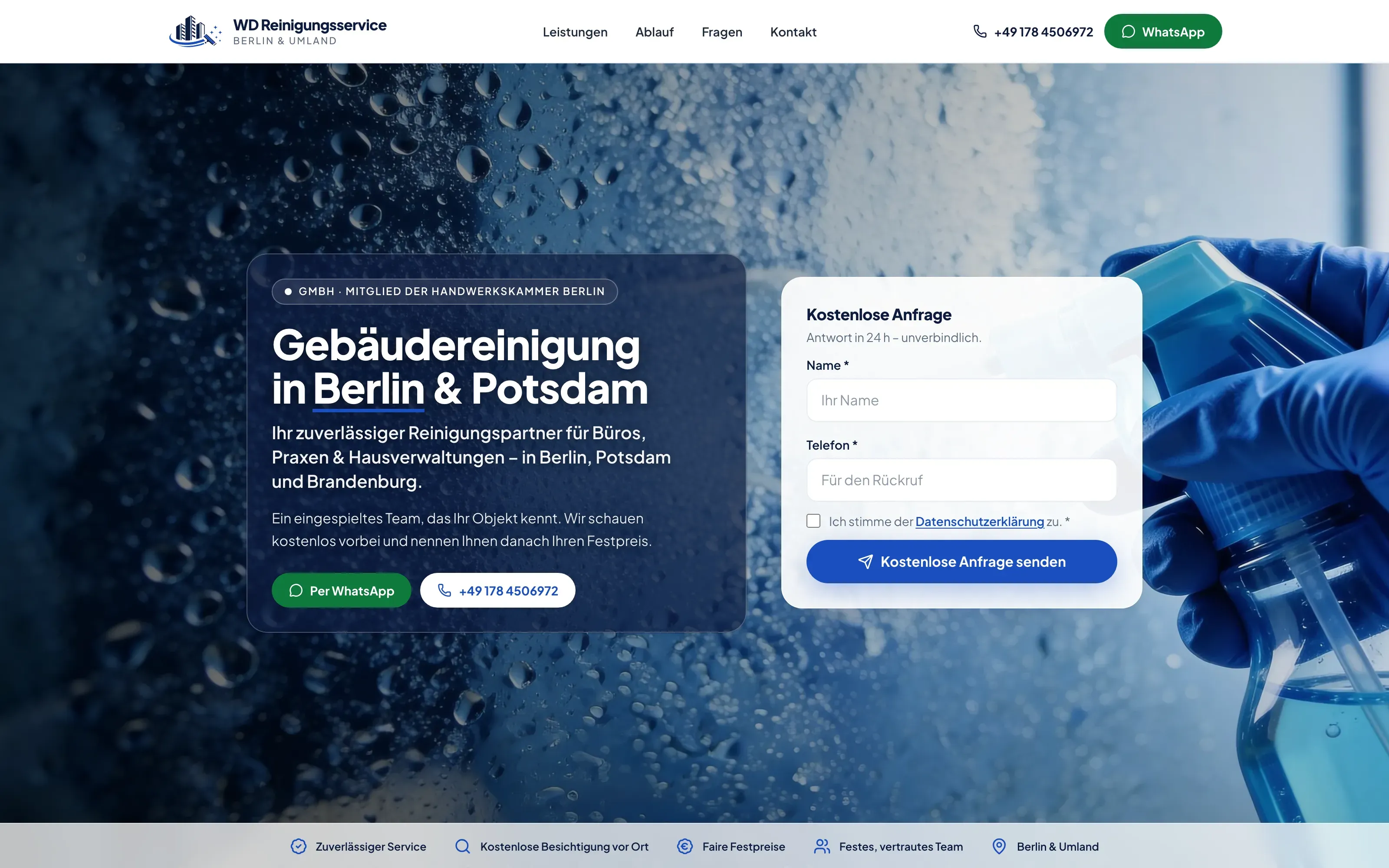 Startseite von wd-reinigung.de mit der Überschrift Gebäudereinigung in Berlin und Potsdam und einem Anfrageformular