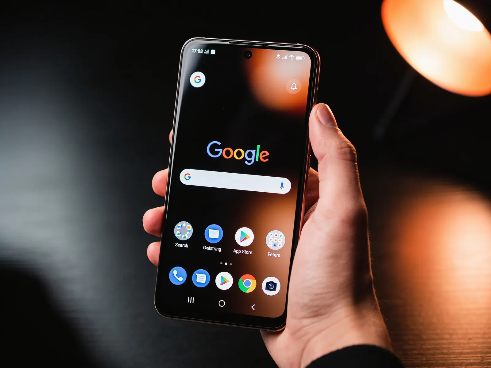 Hand hält ein Smartphone mit der geöffneten Google-Suche auf dem Bildschirm